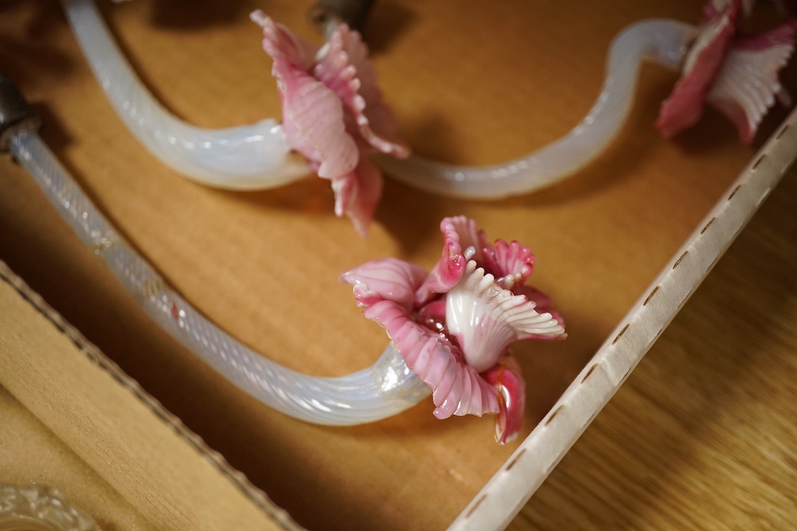 Various component parts of coloured Venetian floral chandeliers, glass central column 43cm high
